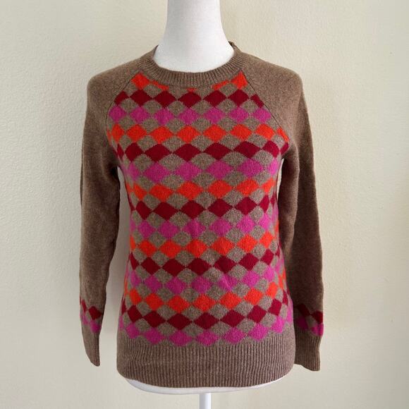 J Crew Sweater Pullover 100% Lambs Wool Brown Multi Diamond Pattern SZXXS - Picture 1 of 12